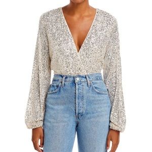 Long sleeve sequin balloon crop party top NWT